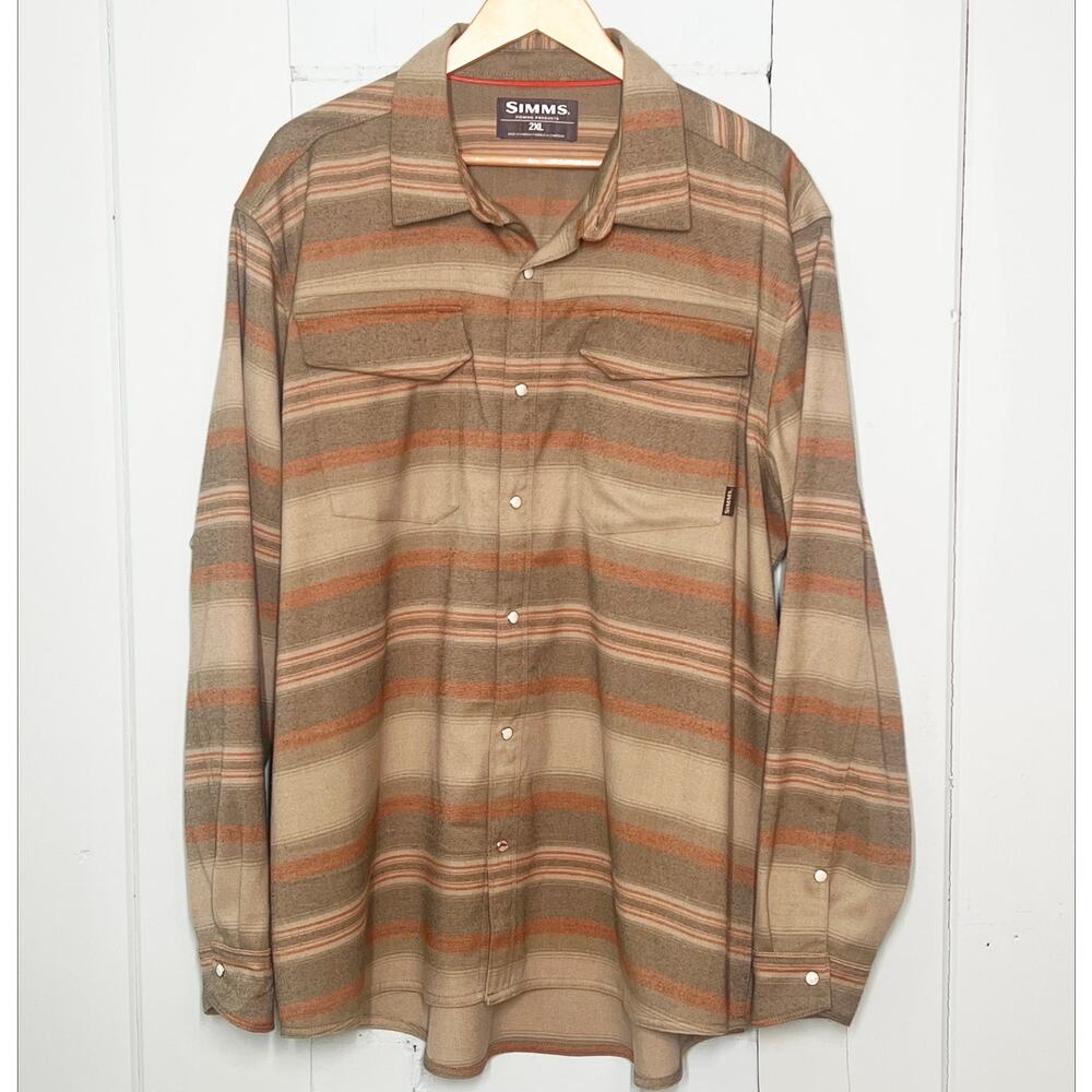 Men's Simms Fly Fishing Gallatin Pearl Snap Flannel Shirt Size 2XL Brown Tan